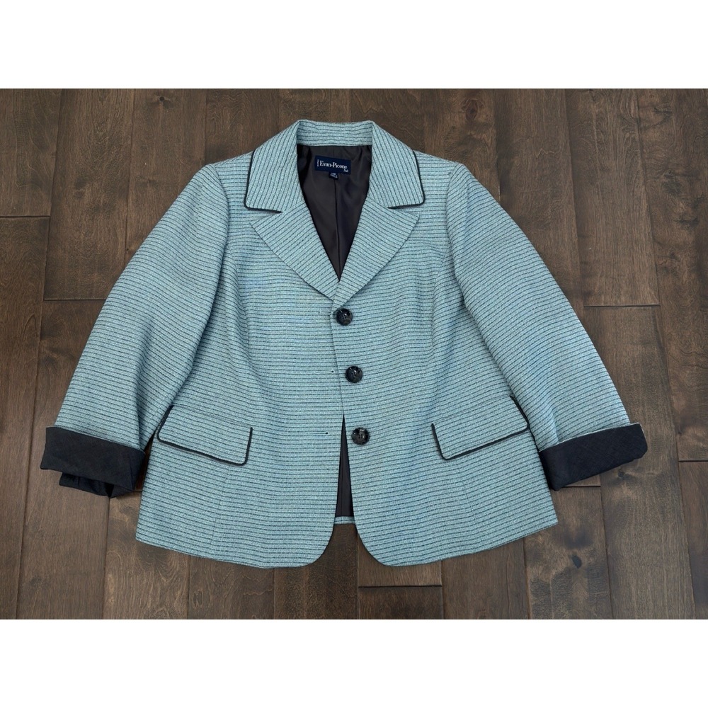 Evan Picone Textured Blazer Jacket Women's 14W Career Jacket Mint/Grey Striped